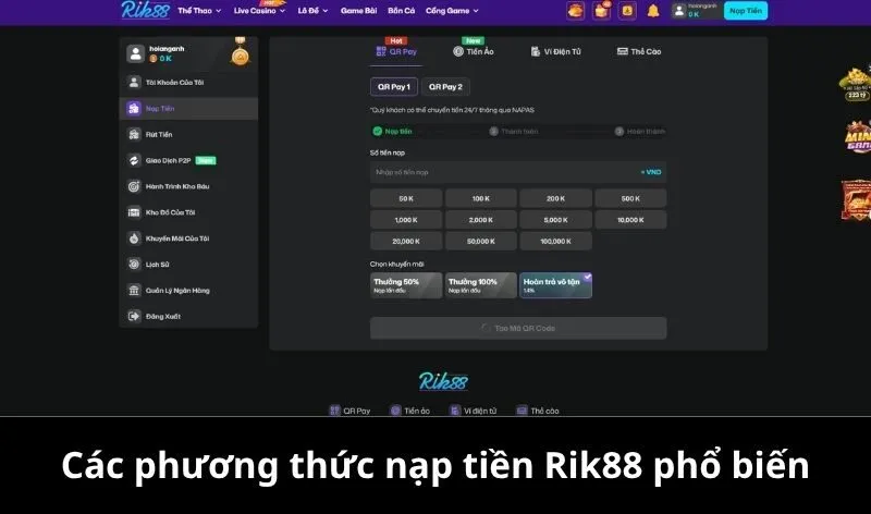 Các phương thức nạp tiền Rik88 phổ biến